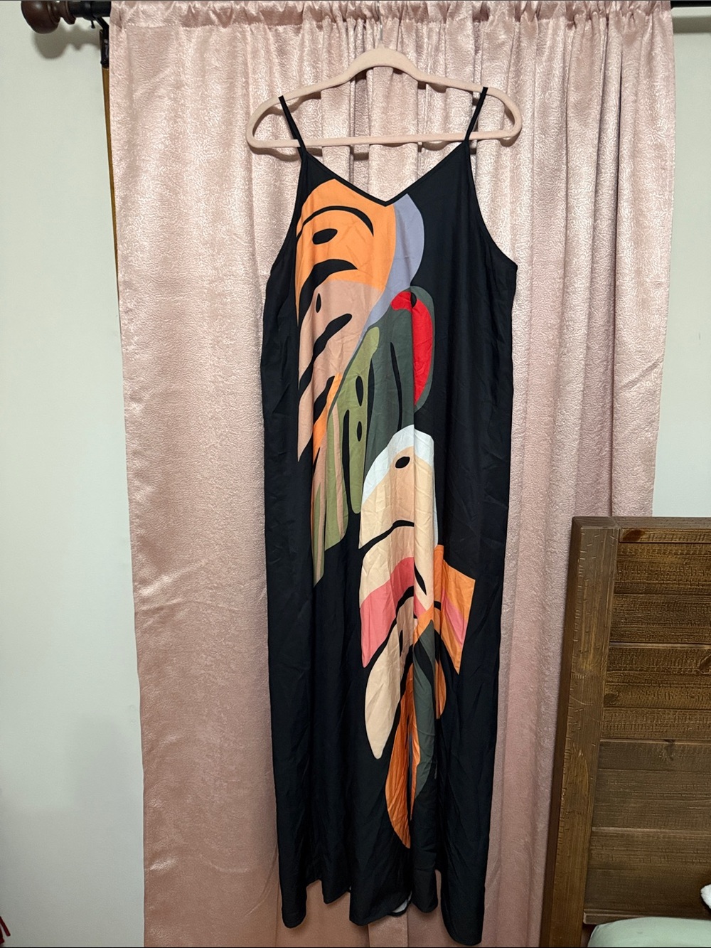 Black Maxi Slip Dress with Bold Multicolor Abstract Print